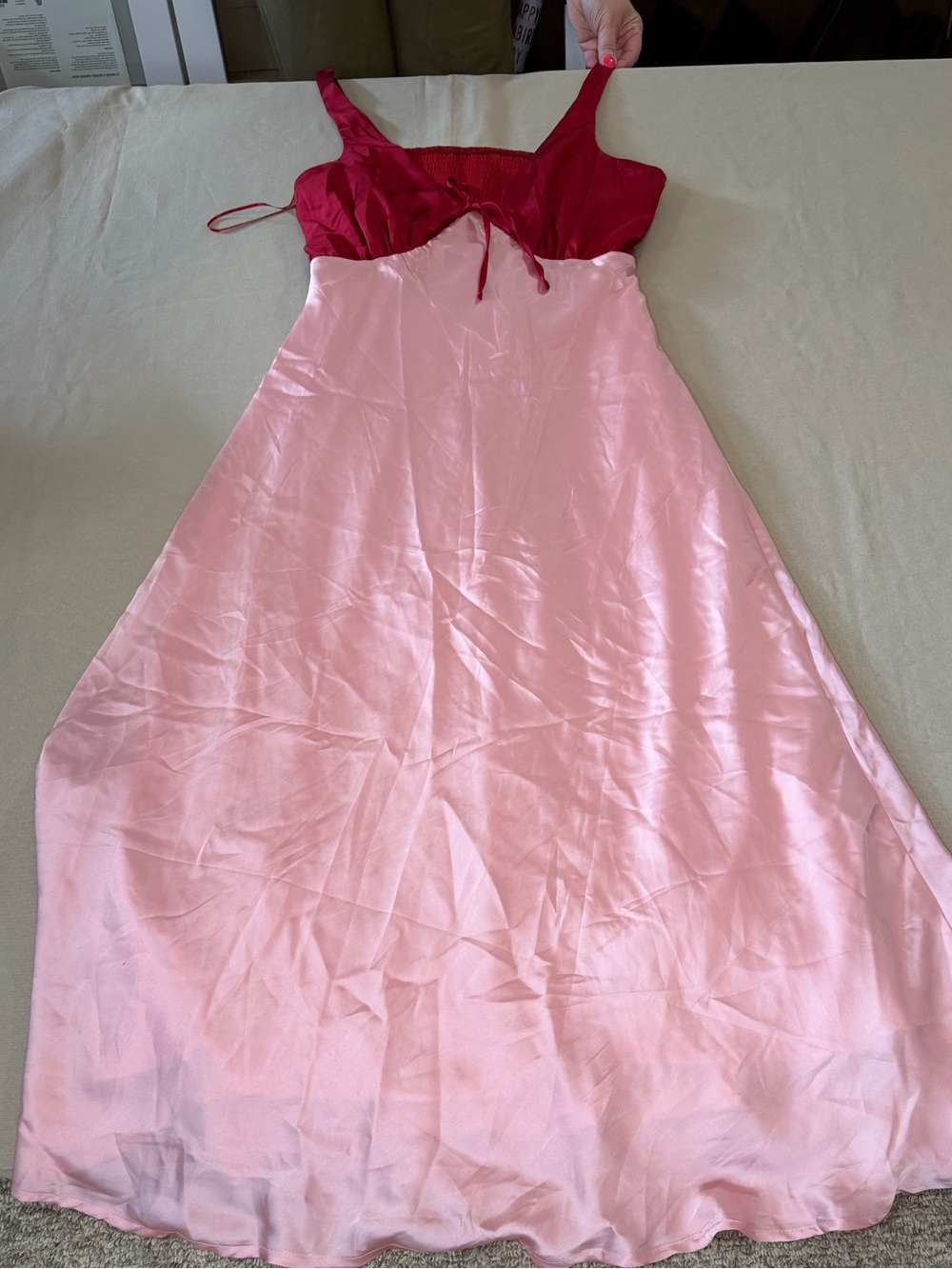 Francesca's Pink and Red Satin Two-Tone Slip Dress